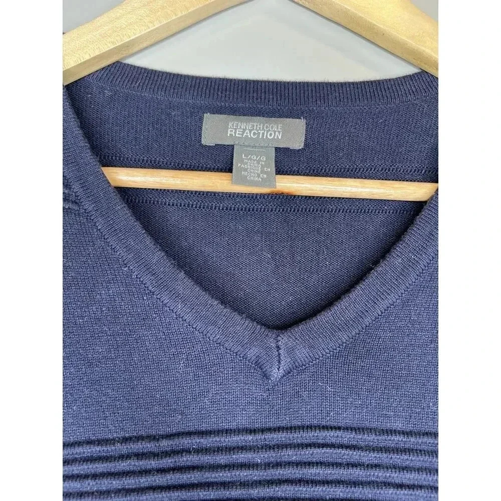 Kenneth Cole Reaction Mens Ribbed Striped V Neck Sweater Pullover Blue Sz Large - Picture 3 of 7